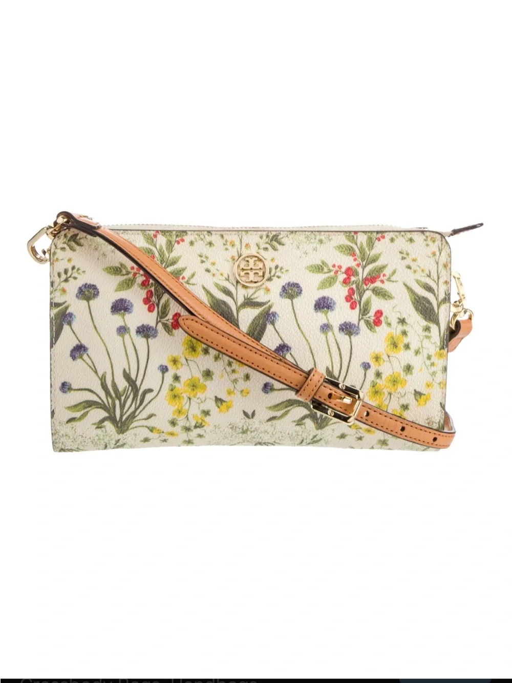 Tory Burch Floral Convertible Crossbody - Cream with Tan Strap